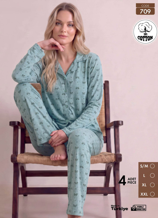 Women's Long-Sleeve Pajama Set with Pants in 100% Cotton (S/M+L+XL+2XL) Pijamo 709