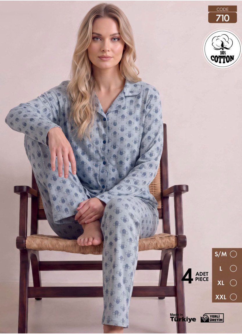Women's Long-Sleeve Pajama Set with Pants in 100% Cotton (S/M+L+XL+2XL) Pijamo 710