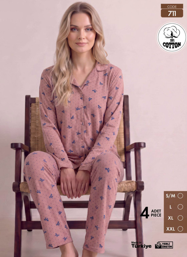 Women's Long-Sleeve Pajama Set with Pants in 100% Cotton (S/M+L+XL+2XL) Pijamo 711