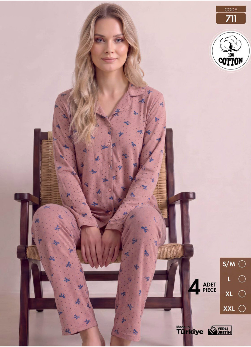 Women's Long-Sleeve Pajama Set with Pants in 100% Cotton (S/M+L+XL+2XL) Pijamo 711
