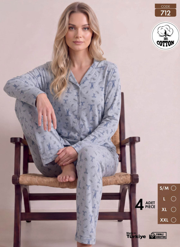 Women's Long-Sleeve Pajama Set with Pants in 100% Cotton (S/M+L+XL+2XL) Pijamo 712