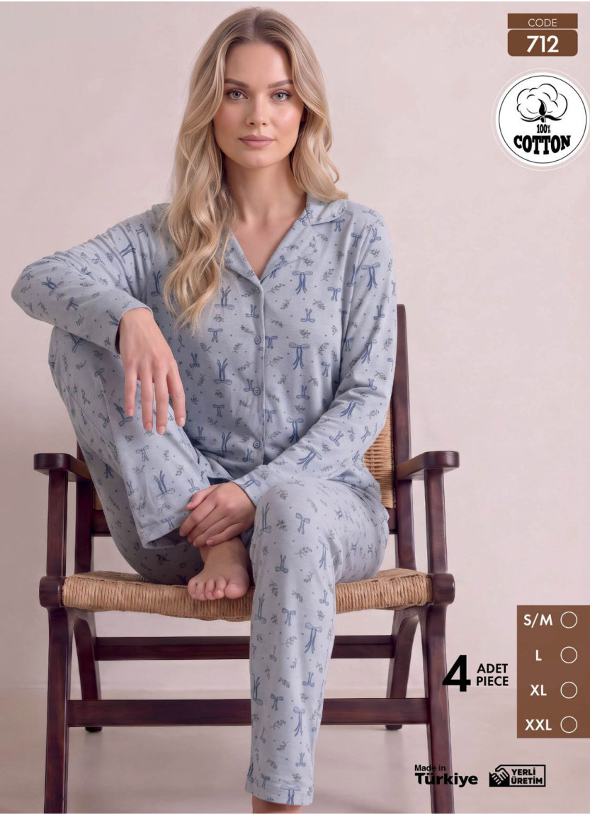 Women's Long-Sleeve Pajama Set with Pants in 100% Cotton (S/M+L+XL+2XL) Pijamo 712