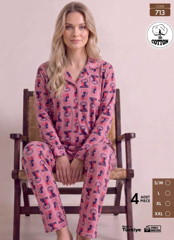 Женская Пижама с Брюками и Длинным Рукавом из 100% Хлопка (S/M+L+XL+2XL) Pijamo 713