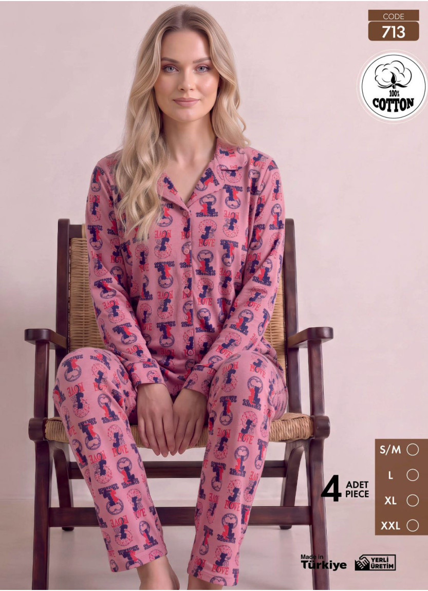 Women's Long-Sleeve Pajama Set with Pants in 100% Cotton (S/M+L+XL+2XL) Pijamo 713