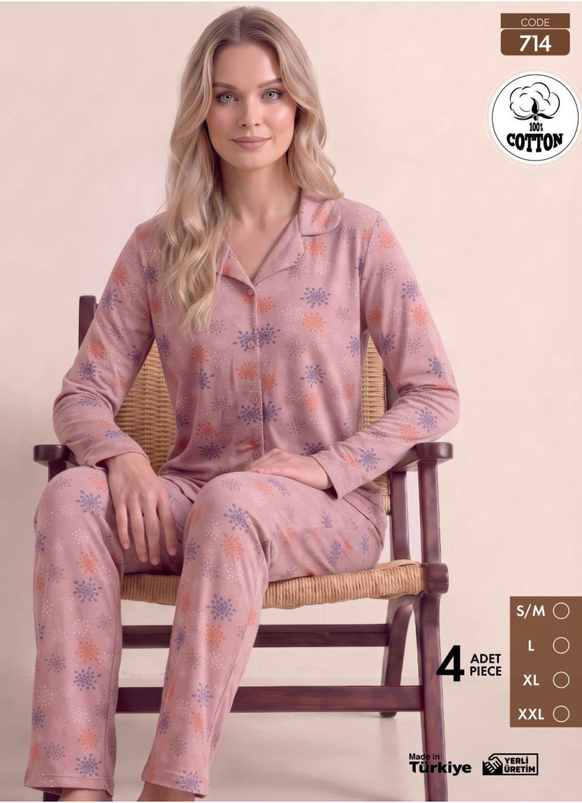 Women's Long-Sleeve Pajama Set with Pants in 100% Cotton (S/M+L+XL+2XL) Pijamo 714