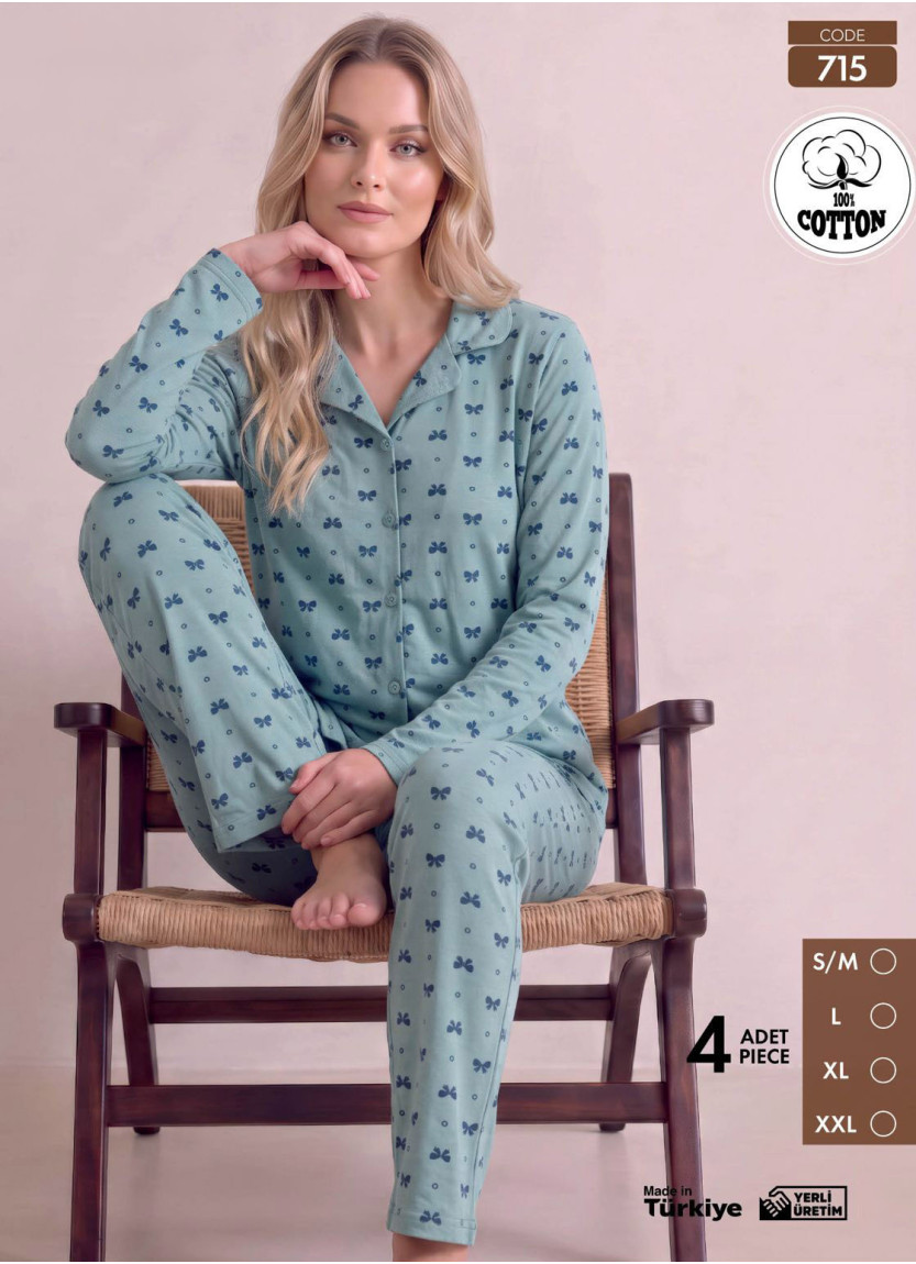 Women's Long-Sleeve Pajama Set with Pants in 100% Cotton (S/M+L+XL+2XL) Pijamo 715