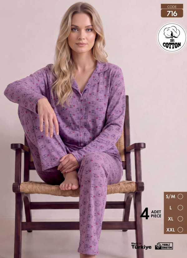 Women's Long-Sleeve Pajama Set with Pants in 100% Cotton (S/M+L+XL+2XL) Pijamo 716