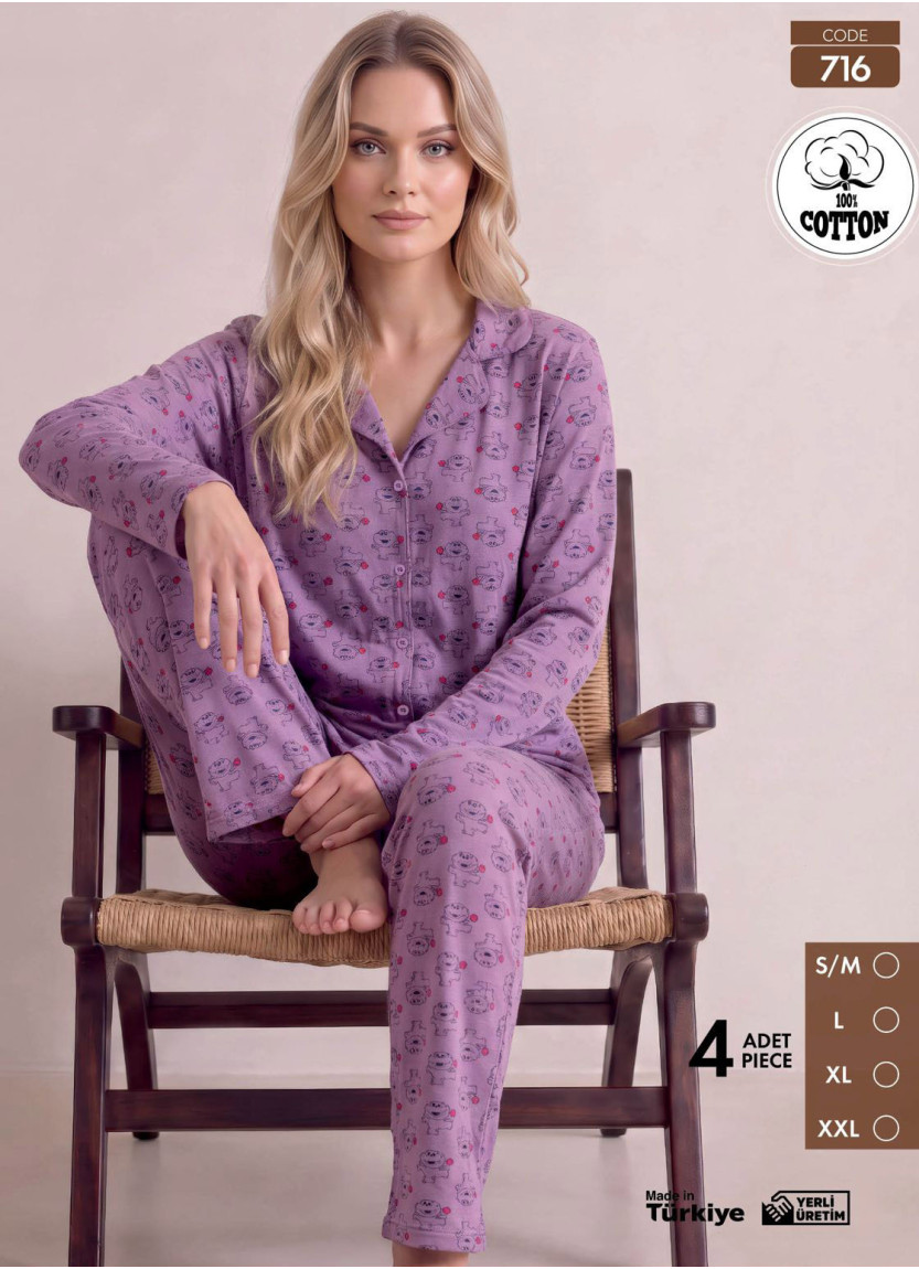 Женская Пижама с Брюками и Длинным Рукавом из 100% Хлопка (S/M+L+XL+2XL) Pijamo 716