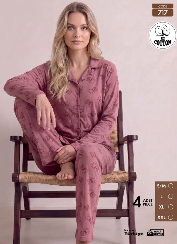Women's Long-Sleeve Pajama Set with Pants in 100% Cotton (S/M+L+XL+2XL) Pijamo 717