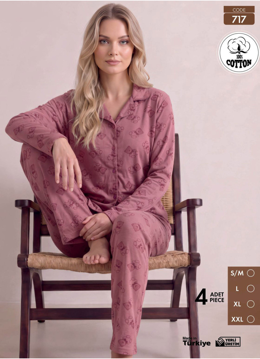 Women's Long-Sleeve Pajama Set with Pants in 100% Cotton (S/M+L+XL+2XL) Pijamo 717