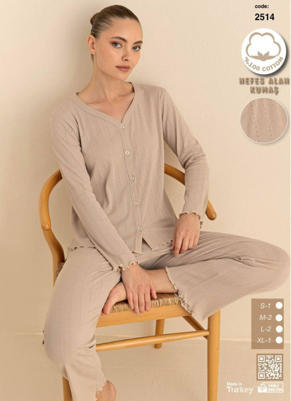 Breathable Cotton Women’s Button-Front Pajama Set with Long Sleeves (S+M+M+L+L+XL) SeamLife 2511