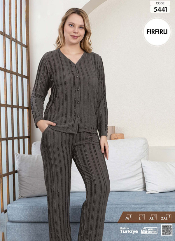 Women's Long-Sleeve Pajama Set with Pants with a Textured Fırfırlı Finish (M+L+XL+2XL) Pijamo 5441