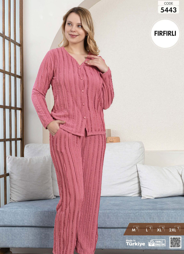 Women's Long-Sleeve Pajama Set with Pants with a Textured Fırfırlı Finish (M+L+XL+2XL) Pijamo 5443