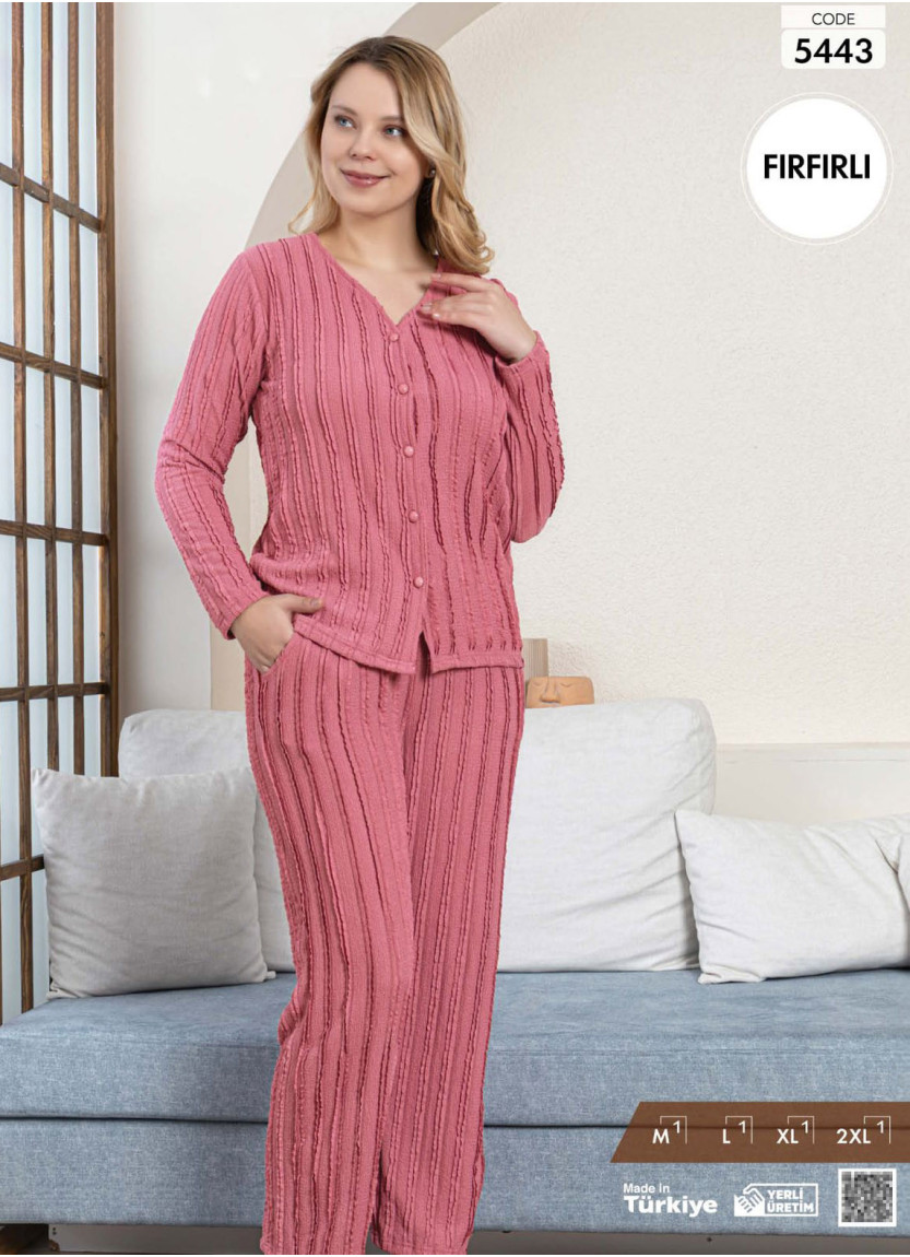 Women's Long-Sleeve Pajama Set with Pants with a Textured Fırfırlı Finish (M+L+XL+2XL) Pijamo 5443