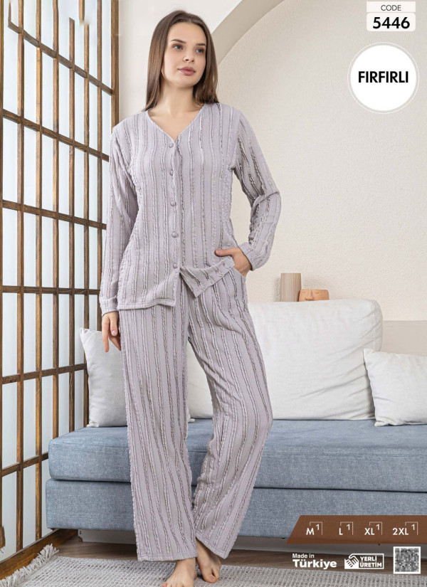 Women's Long-Sleeve Pajama Set with Pants with a Textured Fırfırlı Finish (M+L+XL+2XL) Pijamo 5446