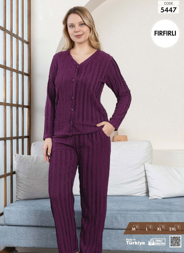 Women's Long-Sleeve Pajama Set with Pants with a Textured Fırfırlı Finish (M+L+XL+2XL) Pijamo 5447
