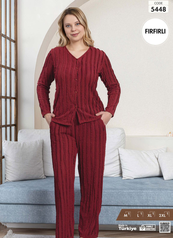 Women's Long-Sleeve Pajama Set with Pants with a Textured Fırfırlı Finish (M+L+XL+2XL) Pijamo 5448