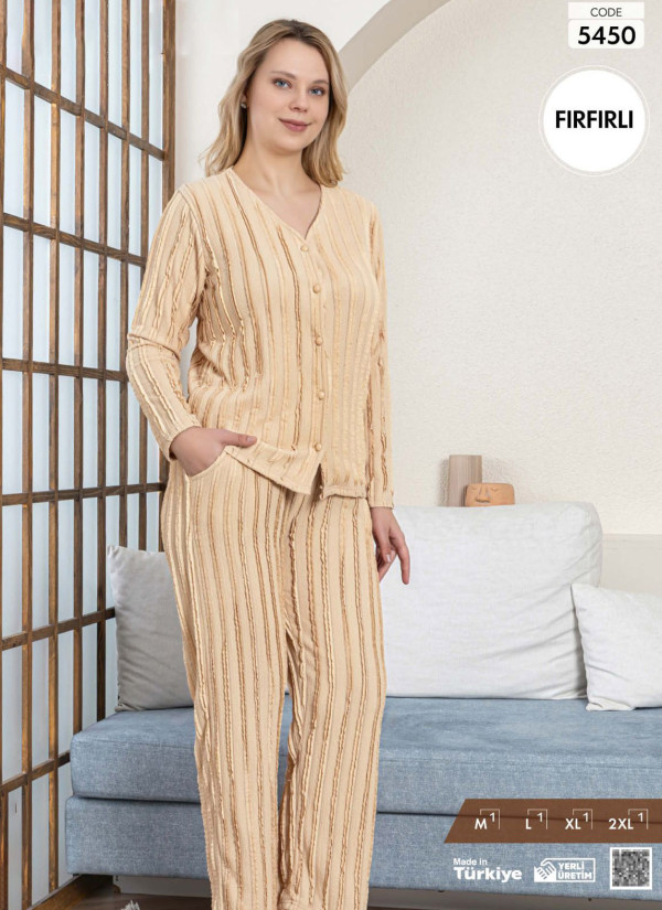 Women's Long-Sleeve Pajama Set with Pants with a Textured Fırfırlı Finish (M+L+XL+2XL) Pijamo 5450
