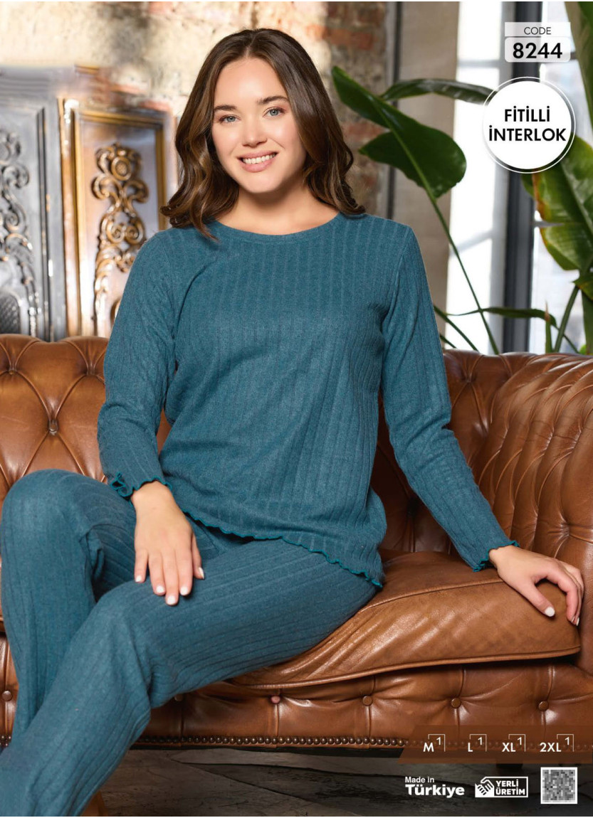 Women's Long-Sleeve Pajama Set with Pants in Ribbed Interlock (M+L+XL+2XL) Pijamo 8244