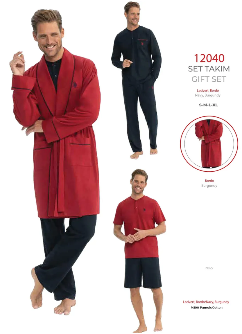 Burgundy Men’s Gift Pajama and Robe Set U.S. Polo Assn. 12040
