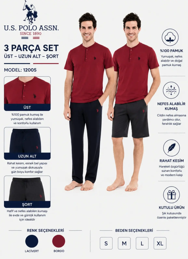 Burgundy Men’s Pajama Set with Shorts U.S. Polo Assn. 12005 2