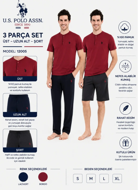 Burgundy Men’s Pajama Set with Shorts U.S. Polo Assn. 12005