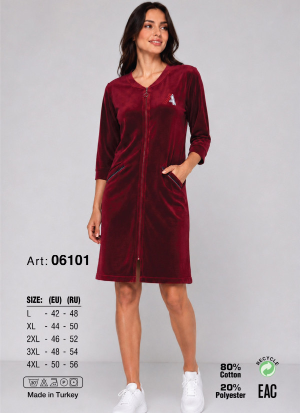 Женский Велюровый Халат на Молнии (L+XL+2XL+3XL+4XL) JEN 06101 Bordo