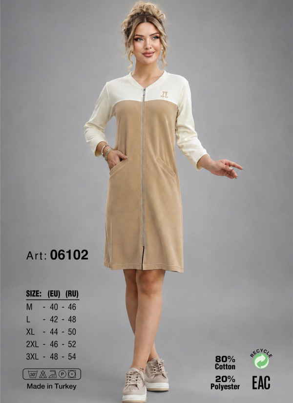 JEN 06102 Ekru-bej Women's Velour Zip-Up Robe (M+L+XL+2XL+3XL)