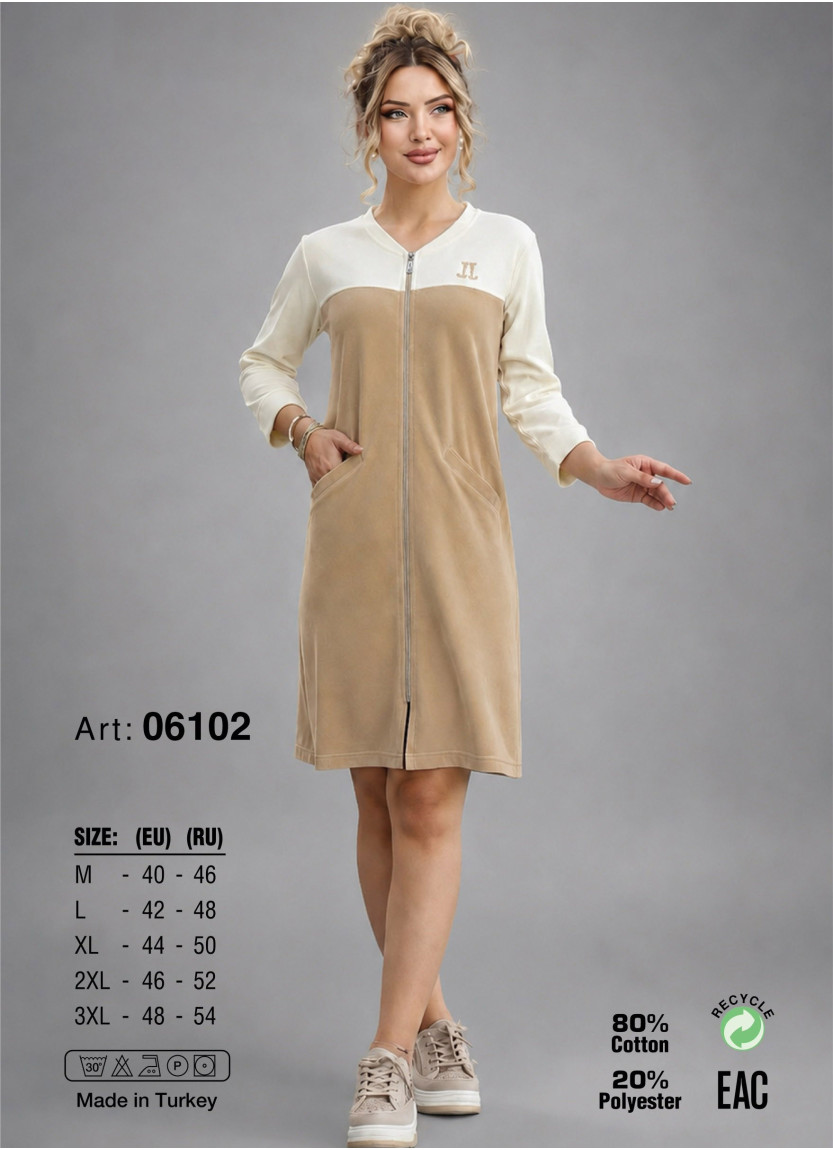 JEN 06102 Ekru-bej Women's Velour Zip-Up Robe (M+L+XL+2XL+3XL)