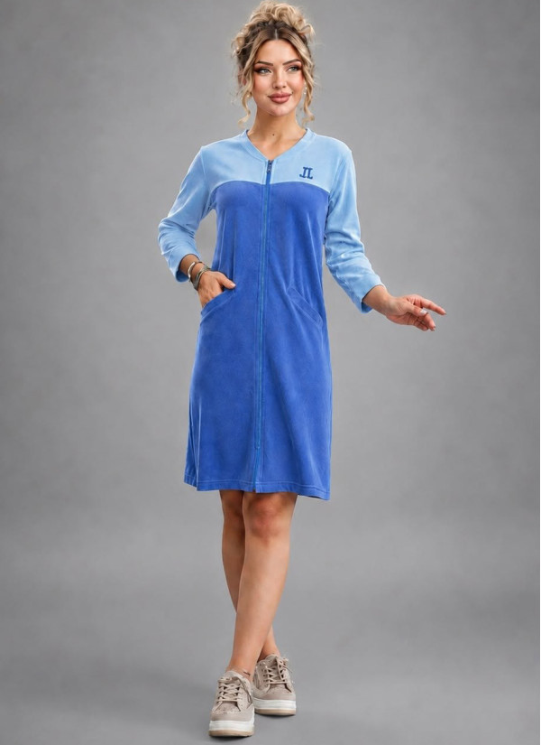 Женский Велюровый Халат на Молнии (M+L+XL+2XL+3XL) JEN 06102 Mavi