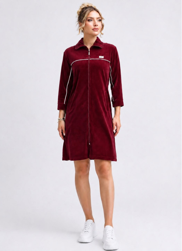 Женский Велюровый Халат на Молнии (L+XL+2XL+3XL+4XL) JEN 06103 Bordo