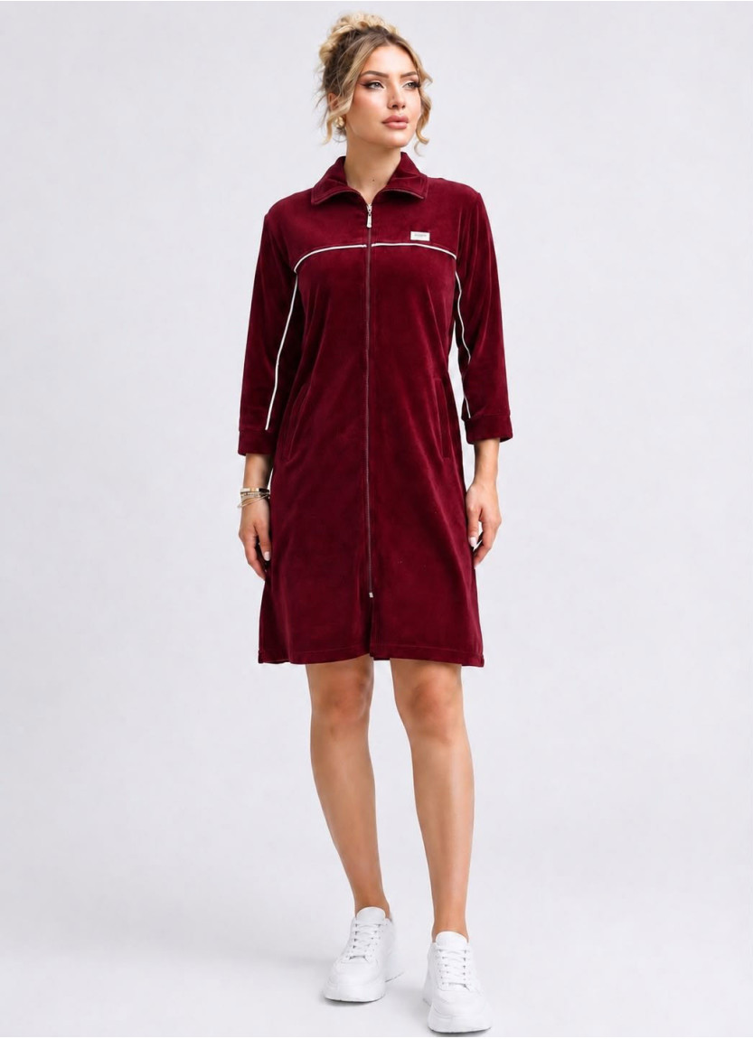 Женский Велюровый Халат на Молнии (L+XL+2XL+3XL+4XL) JEN 06103 Bordo