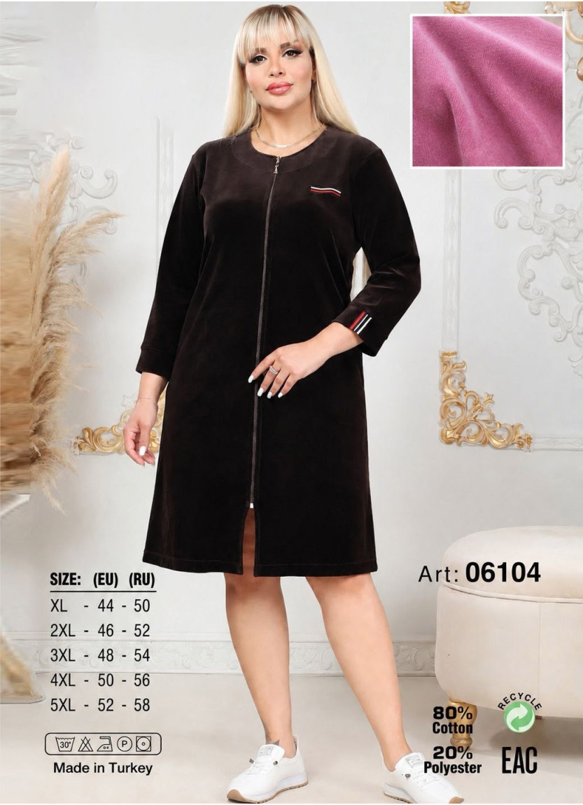 Женский Велюровый Халат на Молнии (XL+2XL+3XL+4XL+5XL) JEN 06104